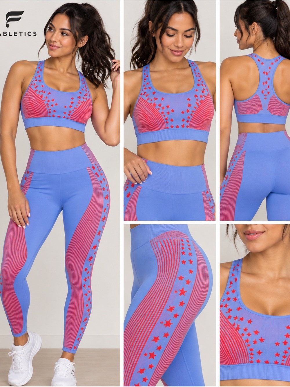 Fabletics Blue and Red Striped Activewear Top